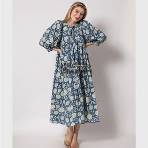 BabitaTex Indian Block Print Midi Dress Blue Floral NWOT